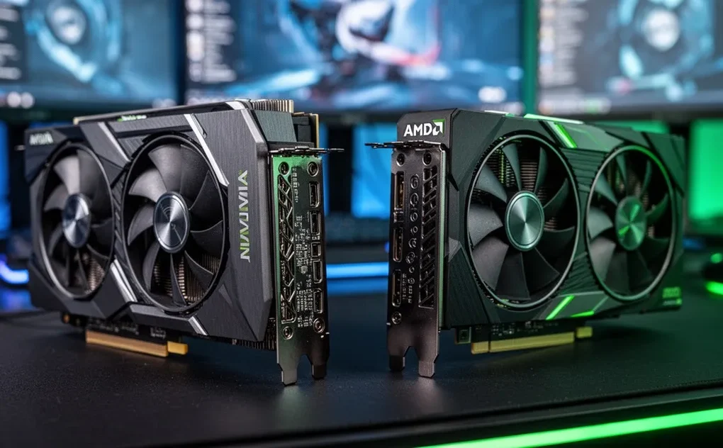 Karty graficzne NVIDIA i AMD umieszczone obok siebie na ciemnym biurku z podświetleniem RGB