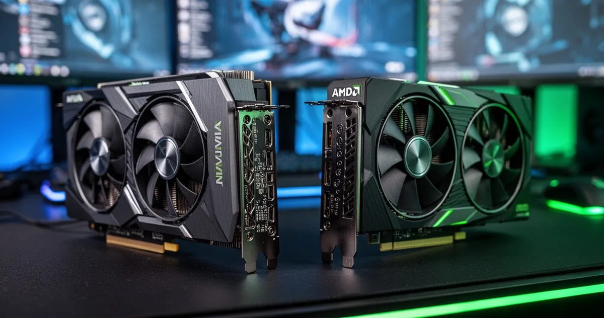 Karty graficzne NVIDIA i AMD umieszczone obok siebie na ciemnym biurku z podświetleniem RGB