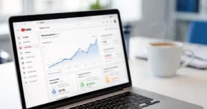Ekran laptopa z pulpitem analitycznym YouTube pokazującym wykresy wzrostu i statystyki przychodów