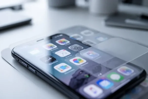 Ekran główny iPhone'a z ikonami aplikacji, niektóre wyglądają na przyciemnione lub półprzezroczyste
