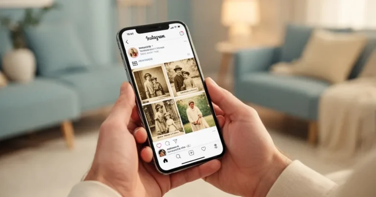 Dłonie trzymające smartfon z widocznym interfejsem Instagrama i starymi zdjęciami w osi czasu