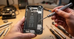 Zbliżenie iPhone'a XR z widoczną baterią wewnątrz, ręce trzymające śrubokręt i narzędzia, warsztat z rozmiętą aparaturą techn