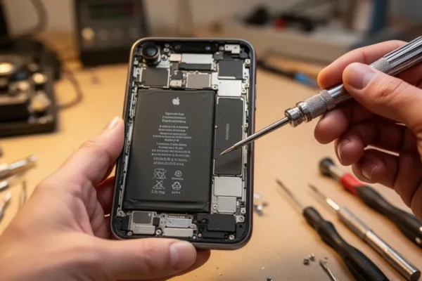 Zbliżenie iPhone'a XR z widoczną baterią wewnątrz, ręce trzymające śrubokręt i narzędzia, warsztat z rozmiętą aparaturą techn