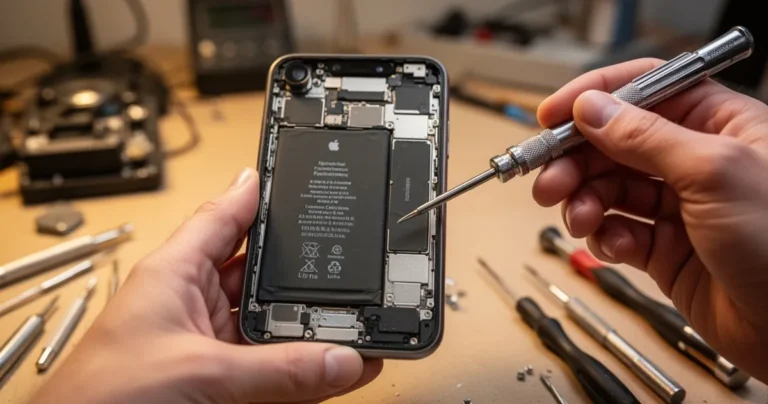 Zbliżenie iPhone'a XR z widoczną baterią wewnątrz, ręce trzymające śrubokręt i narzędzia, warsztat z rozmiętą aparaturą techn