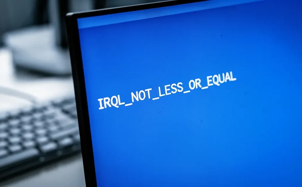 Ekran błędu systemu Windows z tekstem IRQL_NOT_LESS_OR_EQUAL na niebieskim tle, klawiatura i biurko w rozmytym tle
