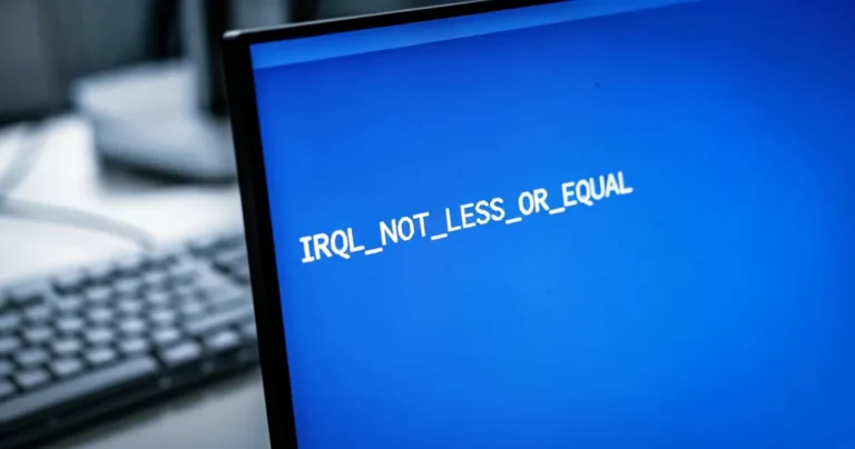 Ekran błędu systemu Windows z tekstem IRQL_NOT_LESS_OR_EQUAL na niebieskim tle, klawiatura i biurko w rozmytym tle