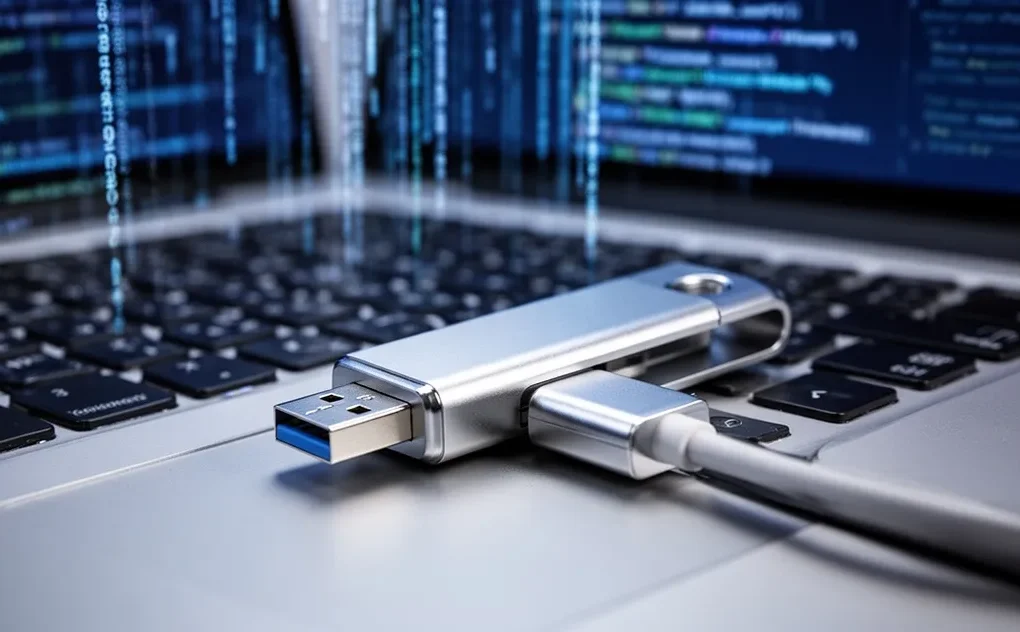 Pendrive USB podłączony do laptopa na tle kodu i strumieni danych, nowoczesna technologia w odcieniach niebieskiego i srebrne