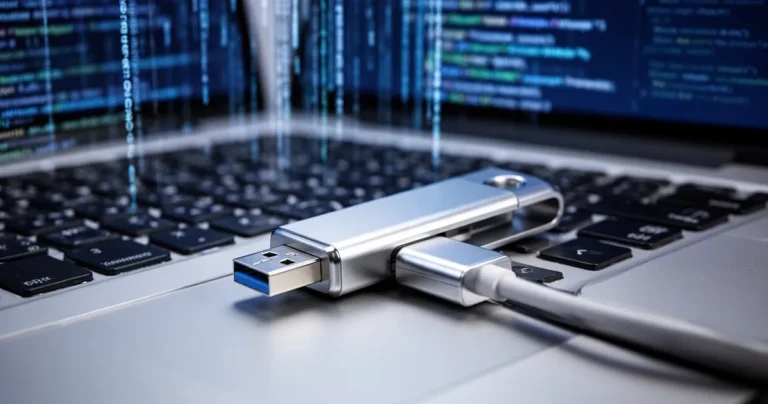Pendrive USB podłączony do laptopa na tle kodu i strumieni danych, nowoczesna technologia w odcieniach niebieskiego i srebrne