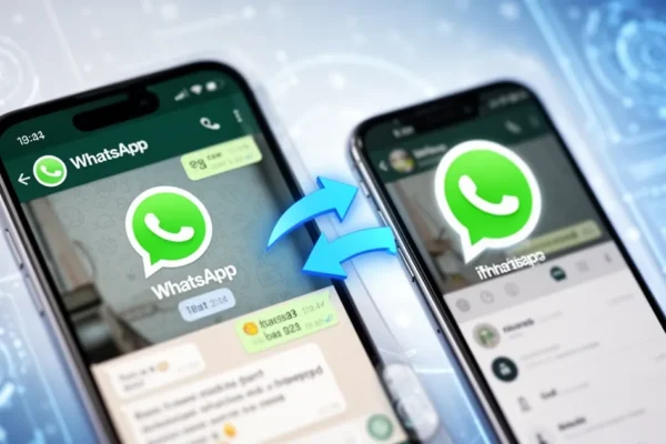 Dwa ekrany smartfonów - Android i iPhone - z interfejsem WhatsAppa i strzałkami transferu danych pomiędzy urządzeniami na nie