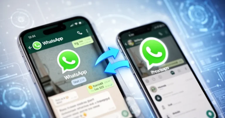 Dwa ekrany smartfonów - Android i iPhone - z interfejsem WhatsAppa i strzałkami transferu danych pomiędzy urządzeniami na nie