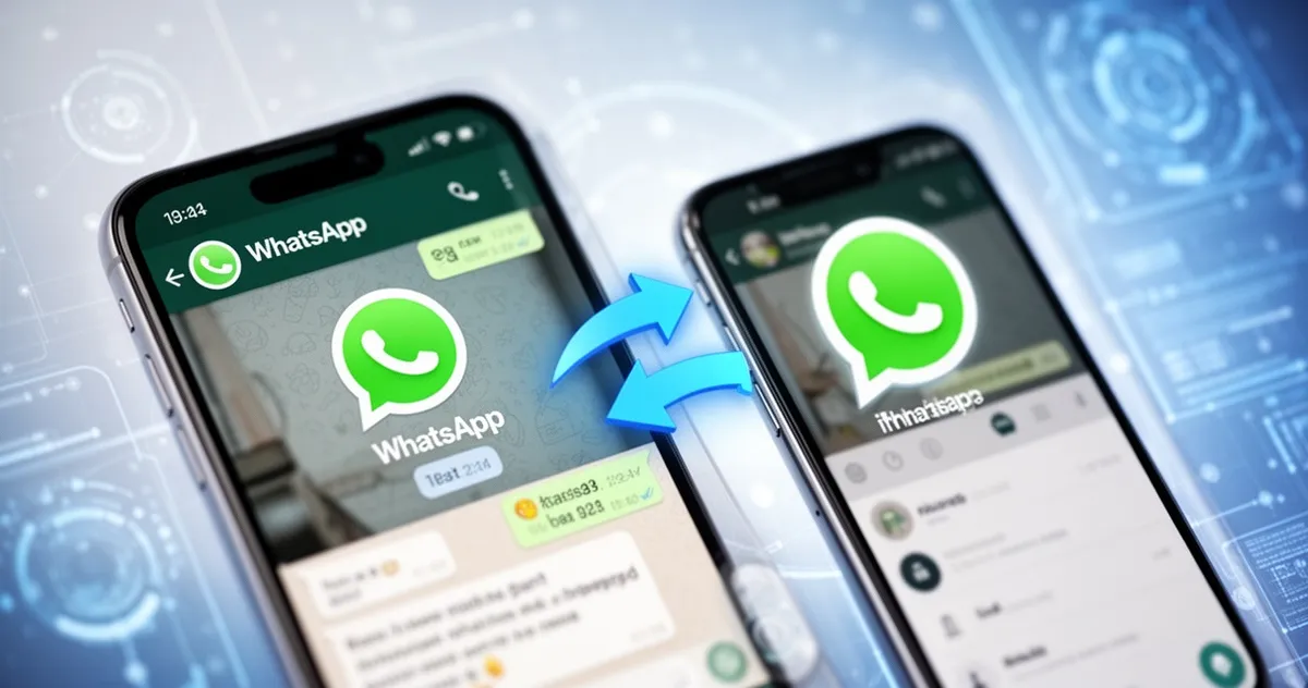 Dwa ekrany smartfonów - Android i iPhone - z interfejsem WhatsAppa i strzałkami transferu danych pomiędzy urządzeniami na nie
