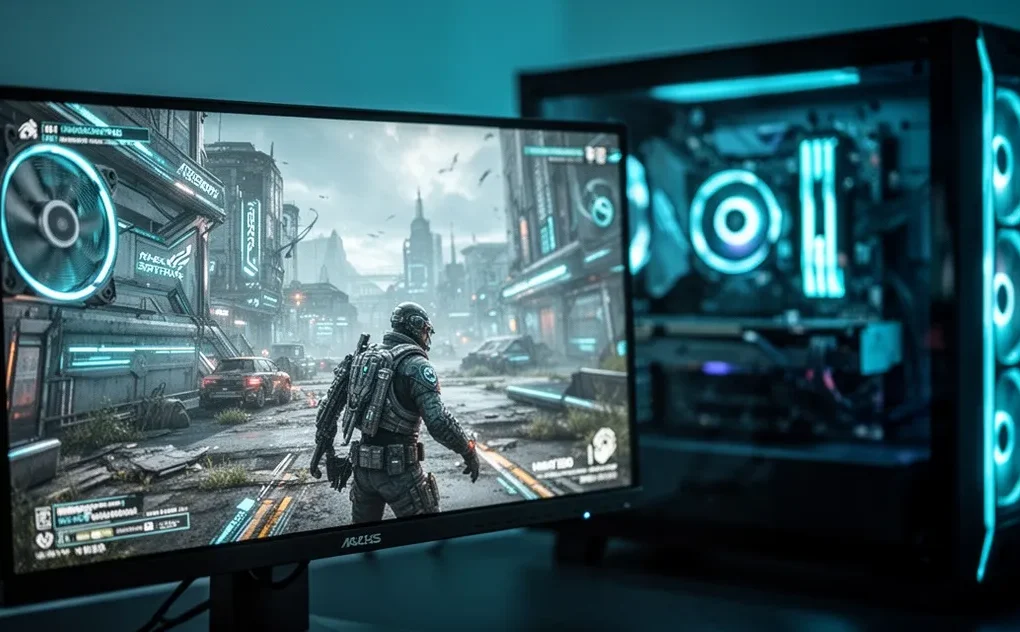 Monitor wyświetlający grę z wyraźną grafiką, rozmyty sprzęt PC w tle, niebieskie oświetlenie, nowoczesna estetyka technologic
