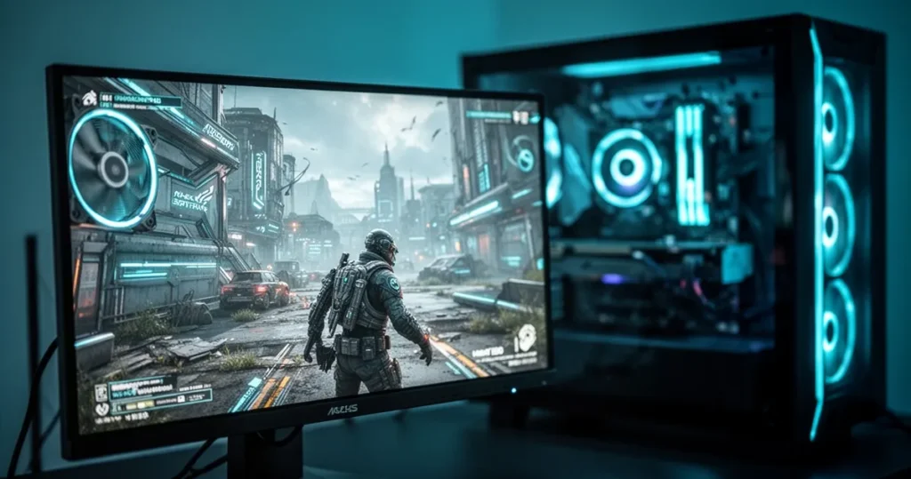 Monitor wyświetlający grę z wyraźną grafiką, rozmyty sprzęt PC w tle, niebieskie oświetlenie, nowoczesna estetyka technologic