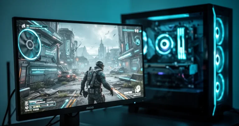Monitor wyświetlający grę z wyraźną grafiką, rozmyty sprzęt PC w tle, niebieskie oświetlenie, nowoczesna estetyka technologic