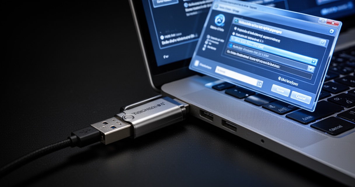 Pendrive z oprogramowaniem do czyszczenia dysku podłączony do laptopa