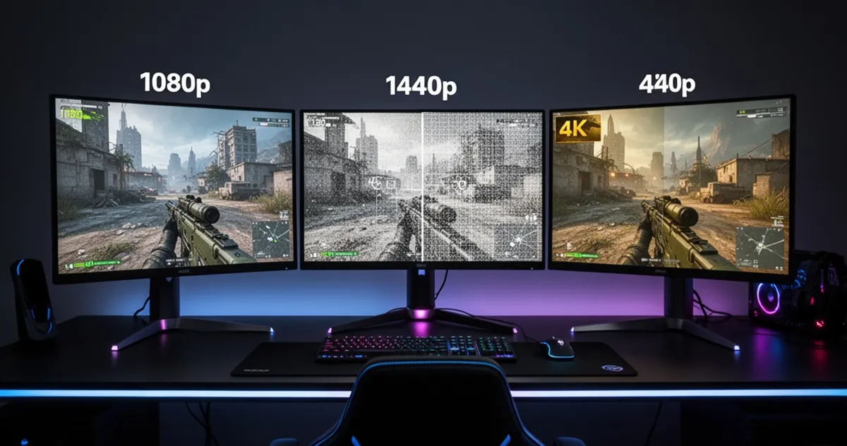 Trzy monitory obok siebie pokazujące rozdzielczości 1080p, 1440p i 4K