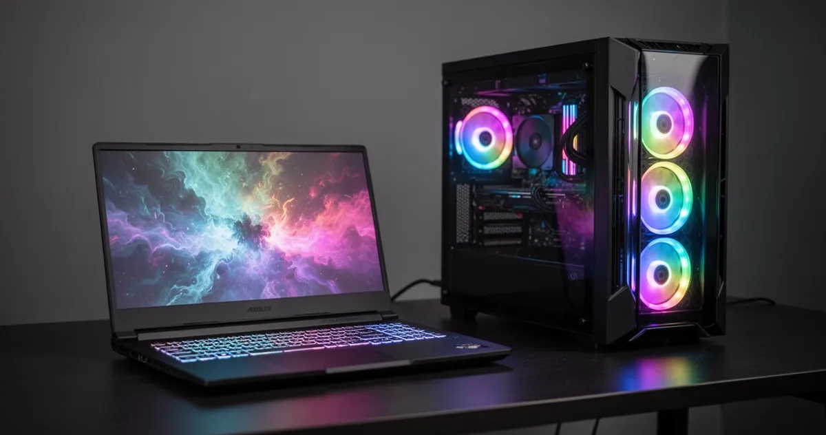 Laptop gamingowy i komputer stacjonarny na biurku