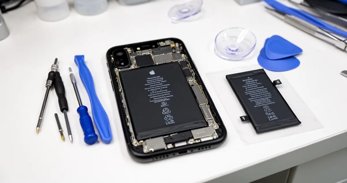 Rozkręcony iPhone XR z narzędziami do wymiany baterii