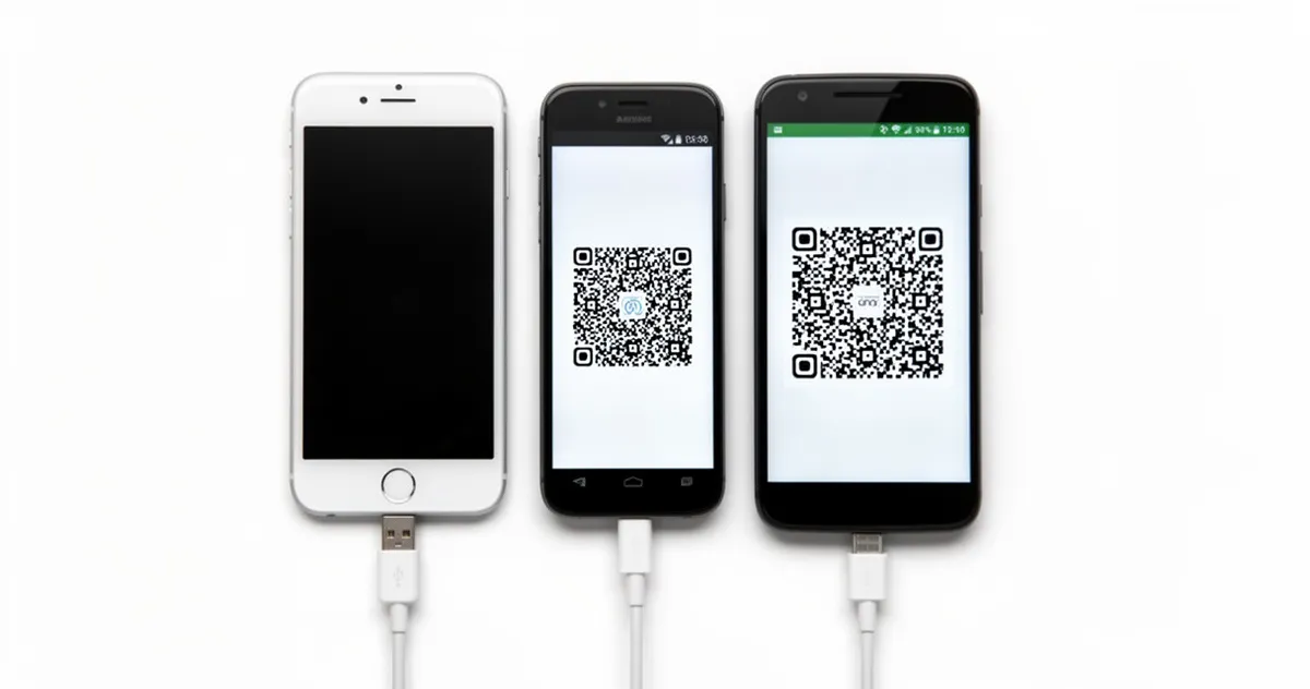 iPhone połączony kablem z telefonem Android podczas transferu danych WhatsApp